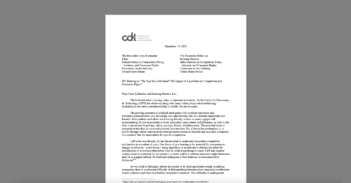 CDT Sends Letter to Senate Antitrust Hearing on Pricing Algorithms. White document on a grey background.