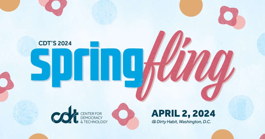 Illustration for CDT’s 2024 Spring Fling event. Blue and rose-colored text surrounded by light pink blossoms and orange bulbs.