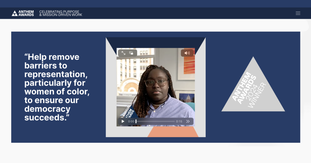 2022 CDT Research on Online Abuse of Women of Color U.S. Political Candidates Wins Silver Anthem Award. Video still of DeVan Hankerson Madrigal in an office setting.