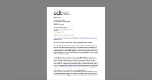 CDT Urges Senate Judiciary to Refrain From Advancing Legislation That Will Undermine Young Users' Rights and Safety Online. White document on a grey background.