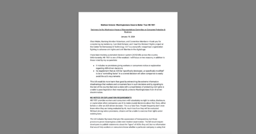 CDTs Matthew Scherer Testifies Before Washington House of Representatives in Opposition to Bill That Would Establish Weak Standards for Workplace Technology Regulations. White document on grey background.