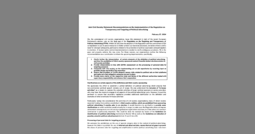 CDT Europe Joins EPD and Civil Liberties Union for Europe in Outlining Still-Needed Improvements for EU Regulation on Transparency and Targeting of Political Advertising. White document on grey background.