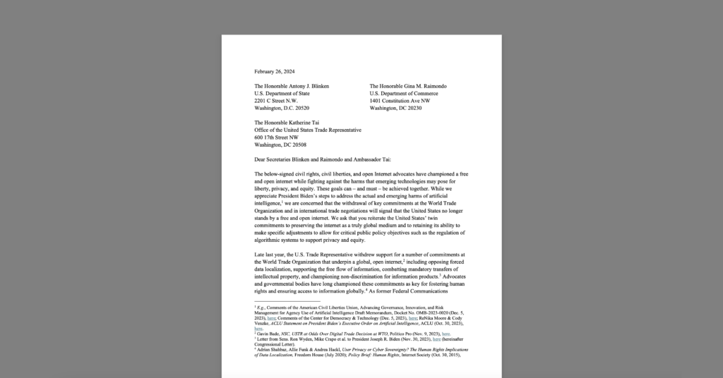 CDT Joins Coalition Letter to the Biden Administration on Protecting the Free and Open Internet. White document on a grey background.