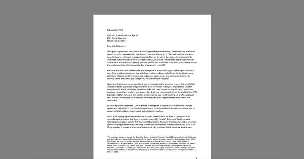 CDT Joins Coalition in Letter to CPPA Urging Strong Workers' Rights and Transparency in Upcoming Rules on Automated Decisionmaking Technologies. White document on a grey background.