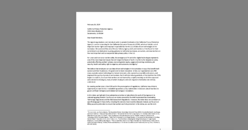 CDT Joins Coalition in Letter to CPPA Urging Strong Workers' Rights and Transparency in Upcoming Rules on Automated Decisionmaking Technologies. White document on a grey background.