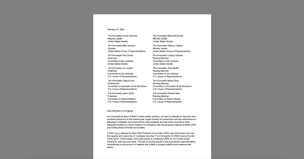 CDT Joins Letter Endorsing the Invest in Child Safety Act. White document on a grey background.