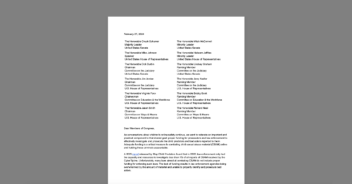 CDT Joins Letter Endorsing the Invest in Child Safety Act. White document on a grey background.