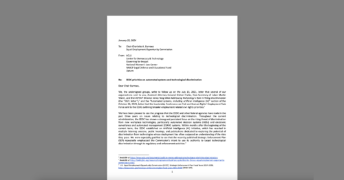 CDT and Civil Society Orgs Send Letter to EEOC with Recommendations for Regulatory and Enforcement Priorities on Automated Systems and Technological Discrimination. White document on a grey background.