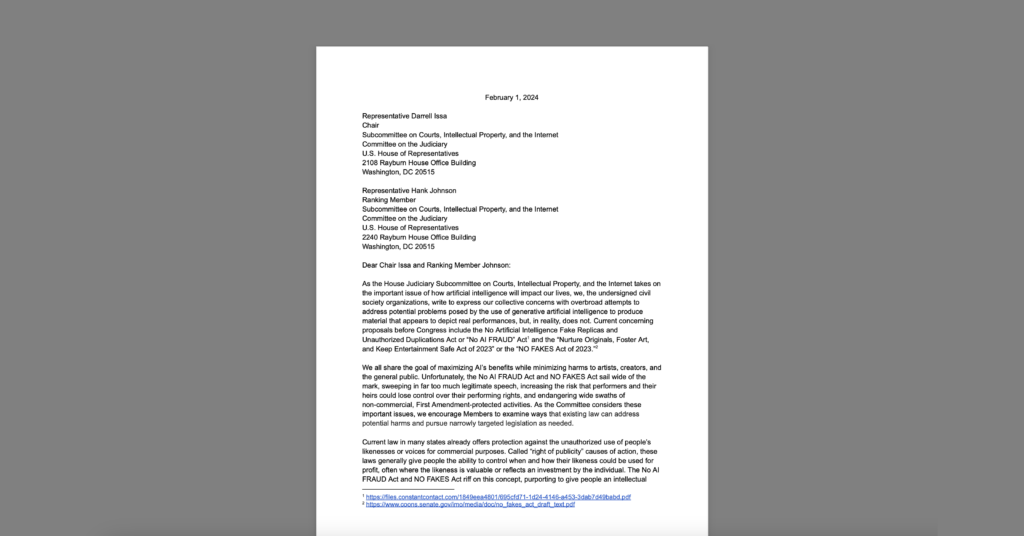 CDT and Civil Society Partners Urge Congress to Protect Artists, Creators, and Free Expression as it Examines Possible Misuse of AI Technologies. White document on a grey background.