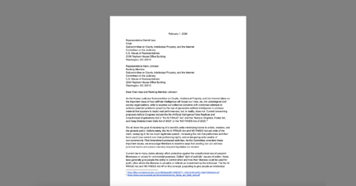 CDT and Civil Society Partners Urge Congress to Protect Artists, Creators, and Free Expression as it Examines Possible Misuse of AI Technologies. White document on a grey background.