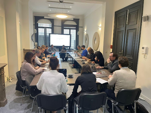 Photograph of the DSA Civil Society Coordination Group meeting at CDT Europe’s Brussels office. The group is seated in black chairs around brown tables.