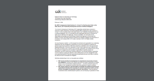 CDT Comments to NIST on its Assignments Under the Executive Order Concerning Artificial Intelligence. White document on grey background.
