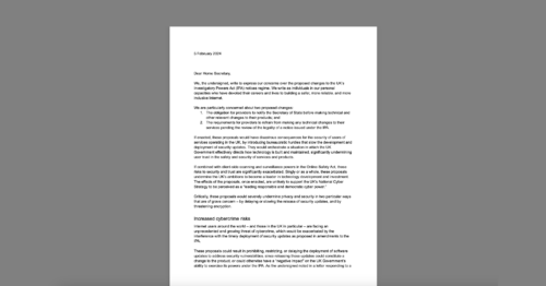 Open Letter from Security Experts Voices Concerns Over the Proposed Changes to UK Investigatory Powers Act’s Notices Regime. White document on a grey background.