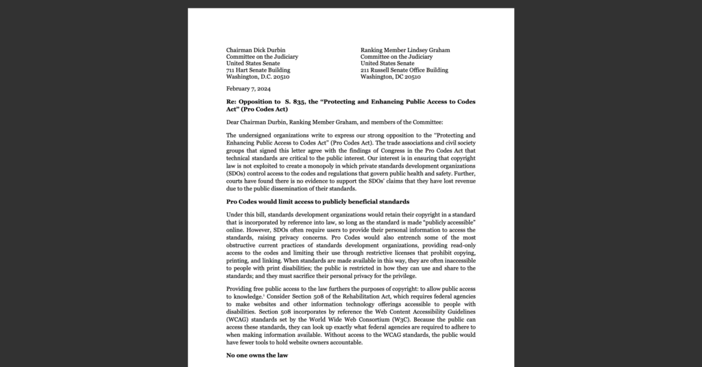 CDT joins others in letter opposing the Pro Codes Act. White document on grey background.
