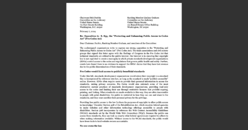 CDT joins others in letter opposing the Pro Codes Act. White document on grey background.