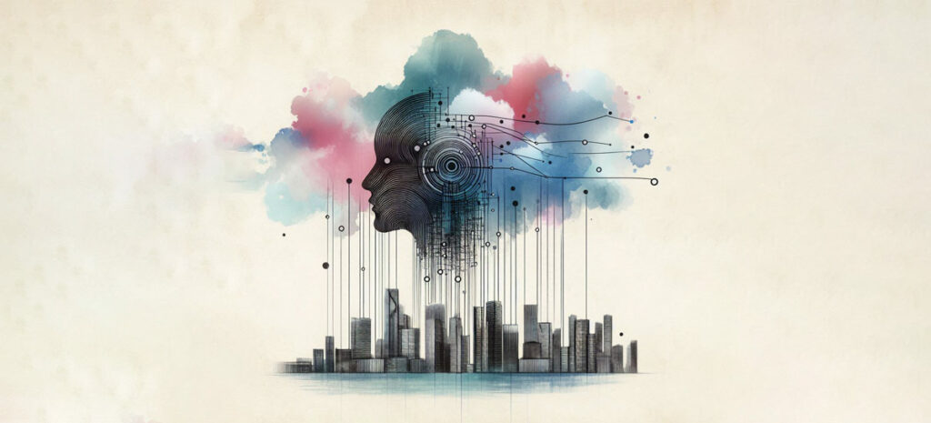 An abstract painting of a cityscape with cloudy skies and a head obscured by clouds