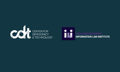 Logos for CDT and NYU Information Law Institute. Dark green background and white text.