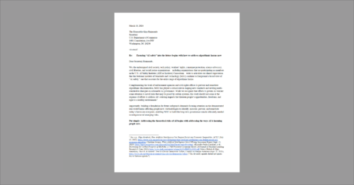 Ensuring “AI safety” into the future begins with how we address algorithmic harms now. White document on grey background.