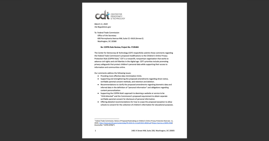 CDT's comments on COPPA legislation. White document on grey background.