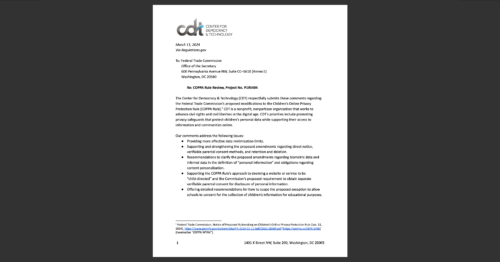 CDT's comments on COPPA legislation. White document on grey background.