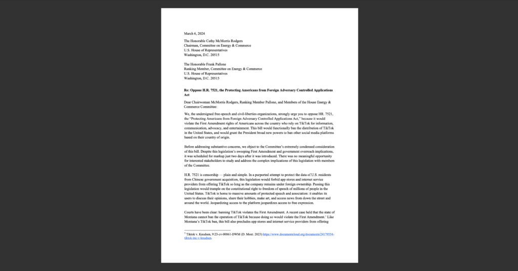 Coalition Letter Opposing H.R. 7521. White document on dark grey background.