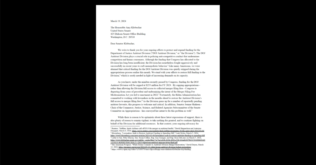 CDT joined with other organizations commending Senator Klobuchar for her continued efforts to sustain increased funding for antitrust enforcement. White document on black background.
