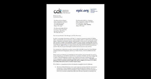 CDT and EPIC opposing the New York Privacy Act's inclusion in the New York Senate's budget bill. White document on black background.