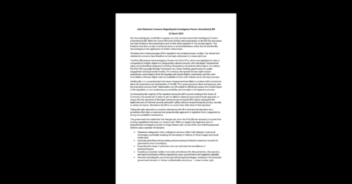 Joint Statement: Concerns Regarding the Investigatory Powers (Amendment) Bill. White document on black background.