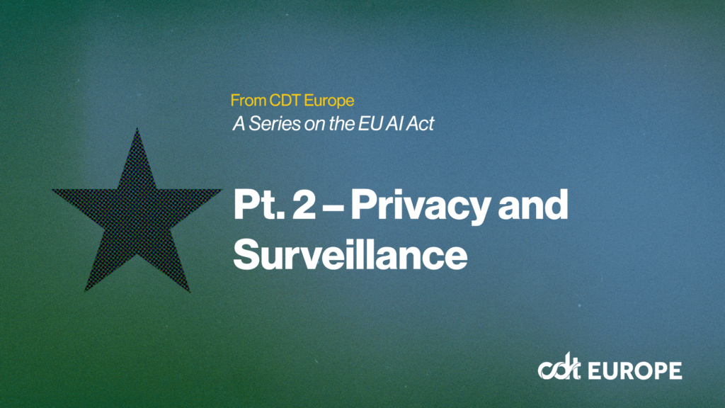 EU AI Act Brief–Privacy and Surveillance. Blue and green gradient background, white and yellow text.