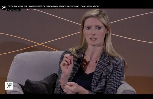 CDT CEO Alexandra Givens speaking at a panel entitled “Tech Policy in the Laboratories of Democracy: Trends in State and Local Regulation,” at the 2024 Informed Conference.