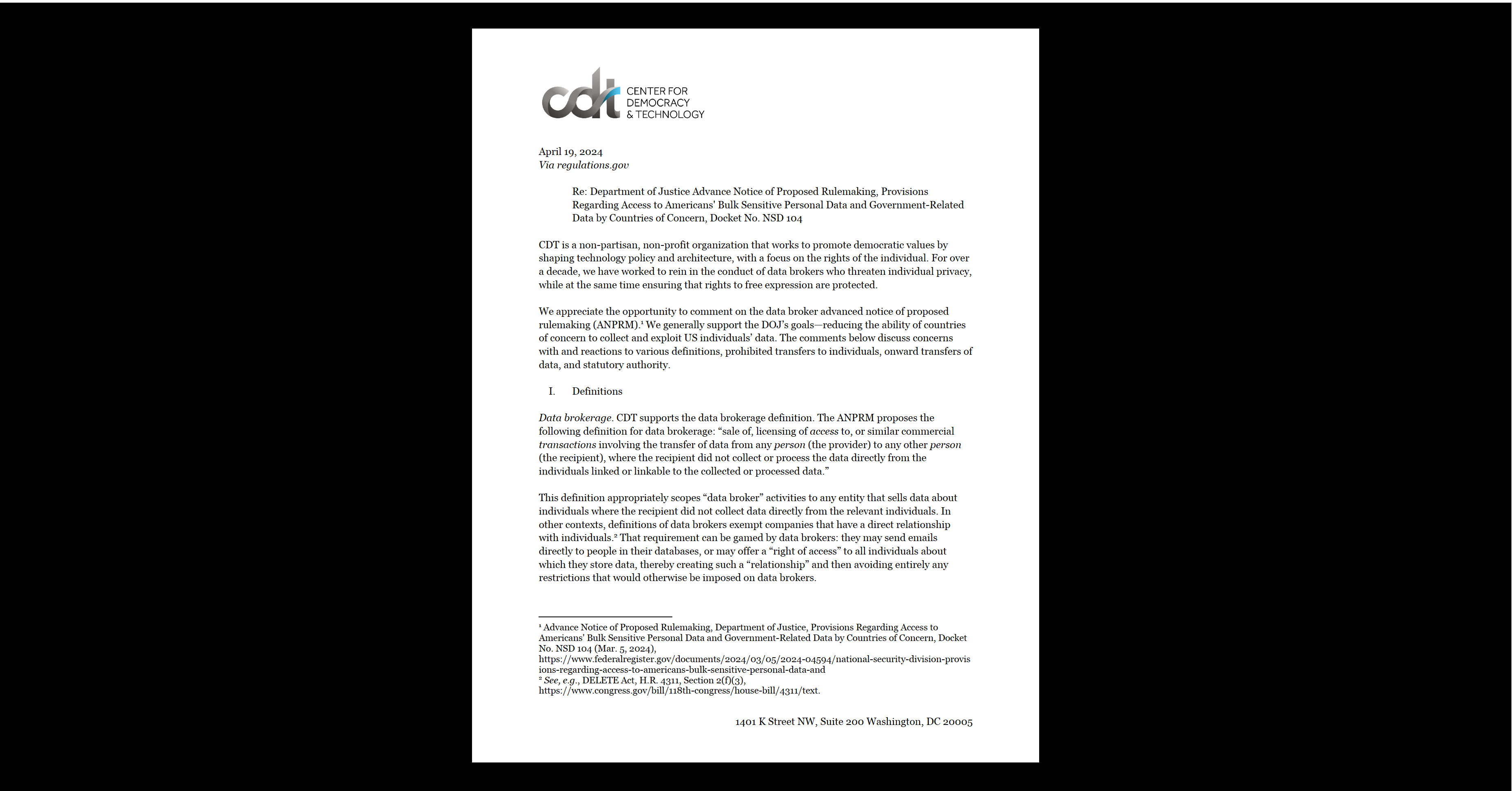 CDT Files Comments with DOJ in Response to Advance Notice of Proposed ...