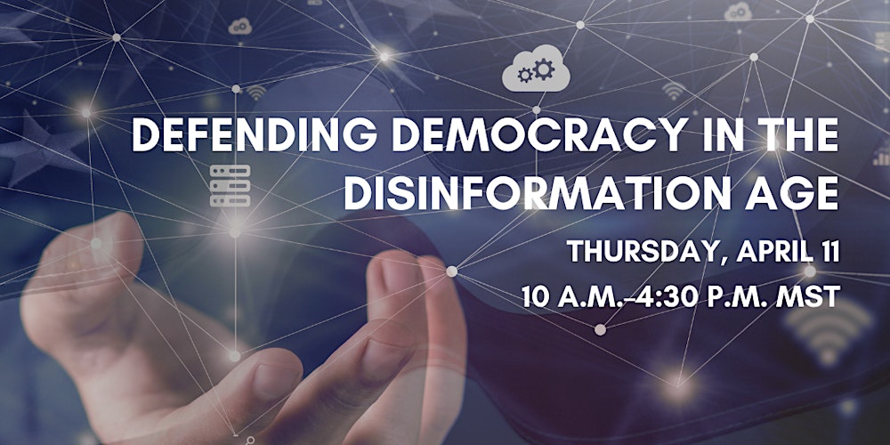Graphic for Defending Democracy in the Disinformation Age featuring white text over a hand touching a screen