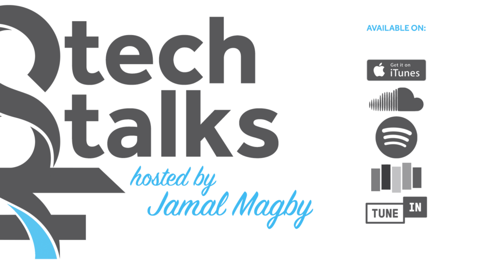 Graphic for CDT's podcast, entitled "CDT's Tech Talks." Hosted by Jamal Magby, and available on iTunes, Soundcloud, Spotify, Stitcher, and TuneIn. Dark grey text and app logos, as well as light blue text, on a white background.