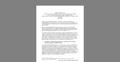 CDT's Jake Laperruque Testifies Before U.S. House Homeland Security Committee on AI in National Security. White document on a grey background.
