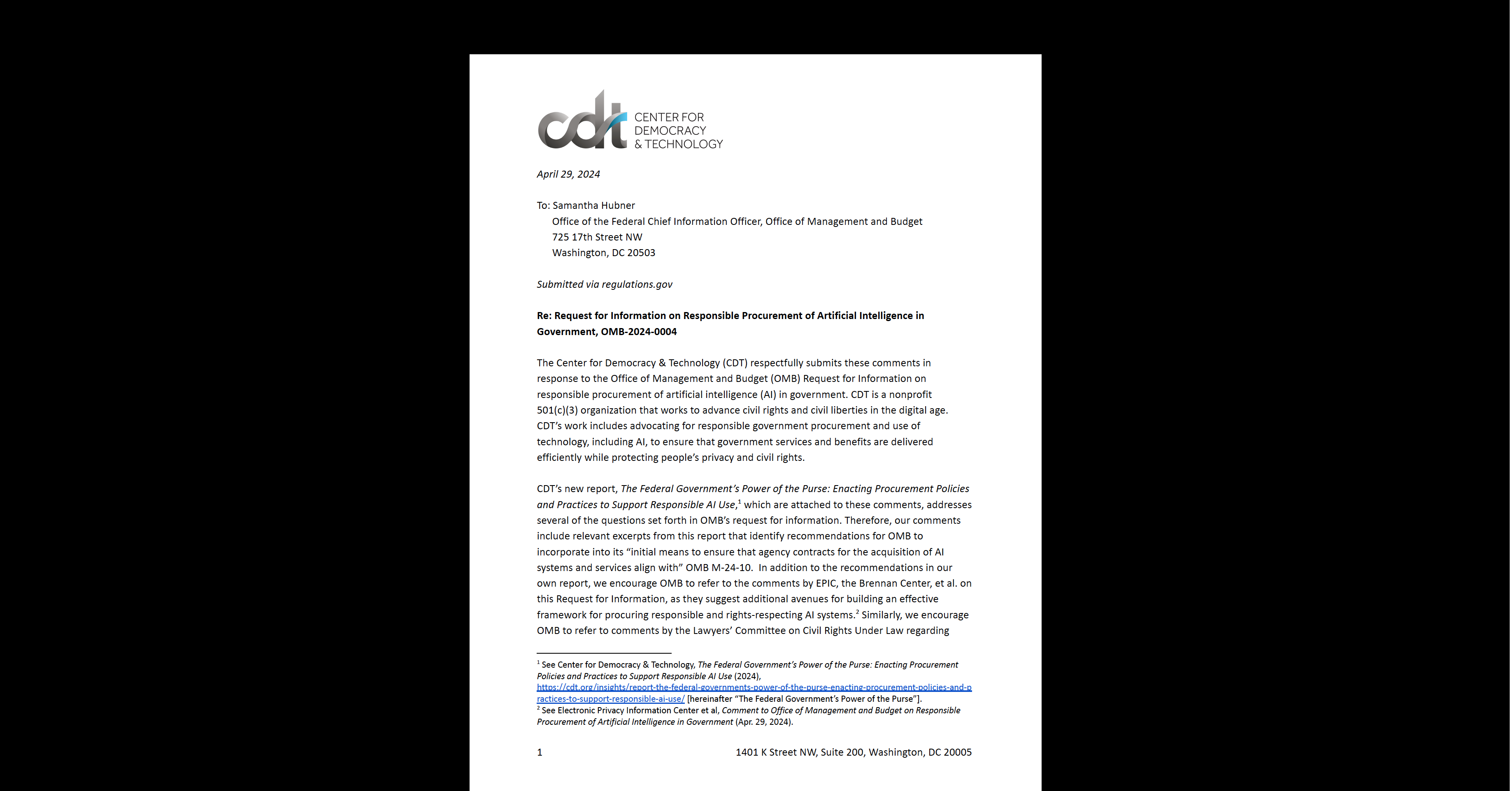 CDT Submits Comments to OMB on the Responsible Procurement of AI by the ...