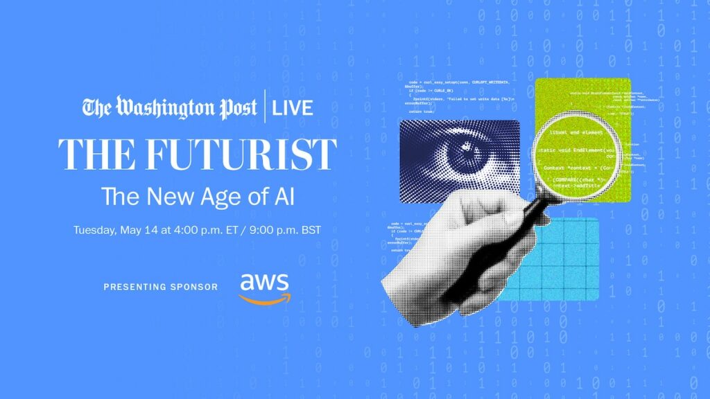 Washington Post Live event, entitled "Navigating the new era of AI innovation." Blue graphic with white text – illustration of a human eye and a hand holding a magnifying glass.