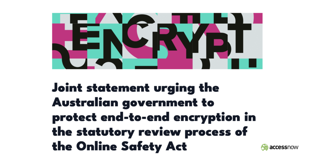 CDT Joins Joint Statement Urging Australian Government to Protect End-to-End Encryption in Review Process of the Online Safety Act. Green, purple and black illustration with the word "ENCRYPT."