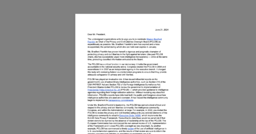 CDT, Others Urge President Biden to Renominate Sharon Bradford Franklin to Chair of Privacy and Civil Liberties Oversight Board. White document on a grey background.