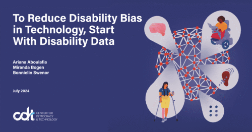 Illustration of a sphere comprised of white lines and red dots that represents a connected set of data, with spotlights showing different aspects of disability data. There are five spotlights, including a person in a motorized wheelchair using a computer, an ear representing individuals who are deaf or hard of hearing, six dots representing Braille, a person with a limb difference using a pair of crutches, and a brain. In white text on a dark blue background, the title of the report says “To Reduce Disability Bias in Technology, Start with Disability Data.”