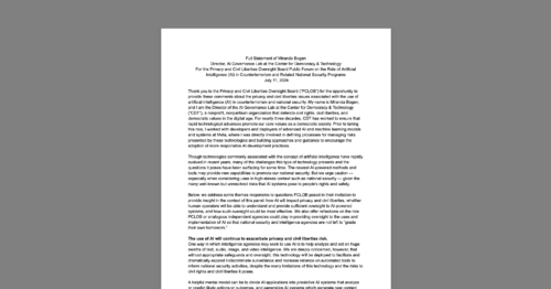 CDT's Miranda Bogen Before PCLOB Public Forum on Role of AI in Counterterrorism and Related National Security Programs. White document on a grey background.