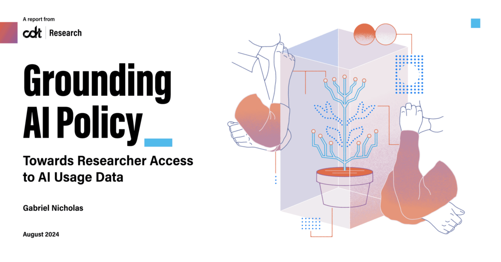 Illustration for a CDT Research report, entitled "Grounding AI Policy." Two silhouettes are observing an enclosed digital "plant." Their ability to observe data on the plant informs their actions on it.