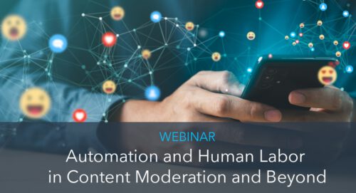 Hands holding a smartphone with a network of emoticons in the background, and text overlay 'WEBINAR Automation and Human Labor in Content Moderation and Beyond