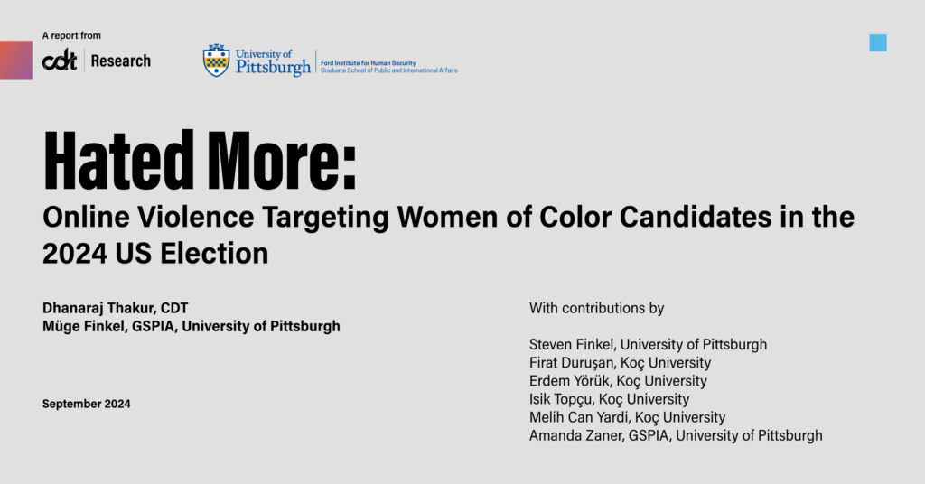 Graphic for a CDT and University of Pittsburgh report, entitled "Hated More: Online Violence Targeting Women of Color Candidates in the 2024 US Election." Black text on a light grey background.