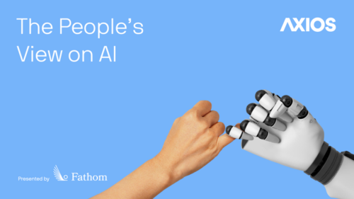 Human hand touching finger with robotic hand on a blue background with white text saying 