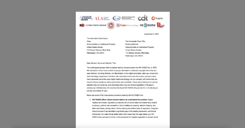 CDT Joins Letter Opposing NO FAKES Act. White document on a grey background.