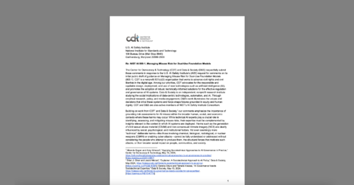CDT Submits Comment on AISI’s Draft Guidance, “Managing Misuse Risk for Dual-Use Foundation Models.