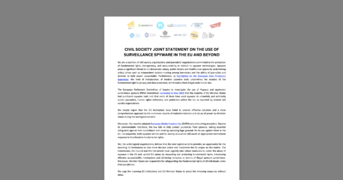Civil Society Joint Statement on the Use of Surveillance Spyware in the EU and Beyond. White document on a grey background.