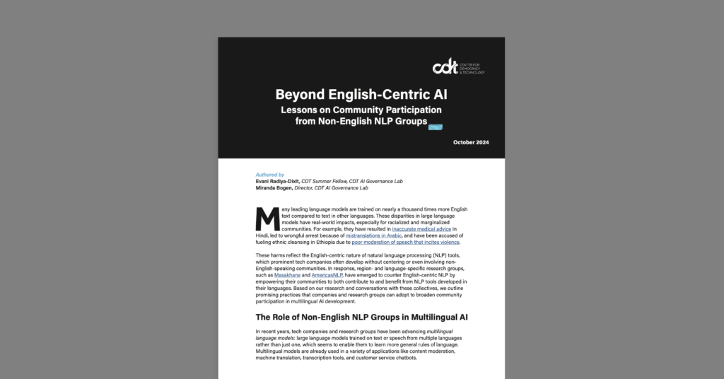 CDT brief, entitled "Beyond English-Centric AI: Lessons on Community Participation from Non-English NLP Groups." Black and white document on a grey background.