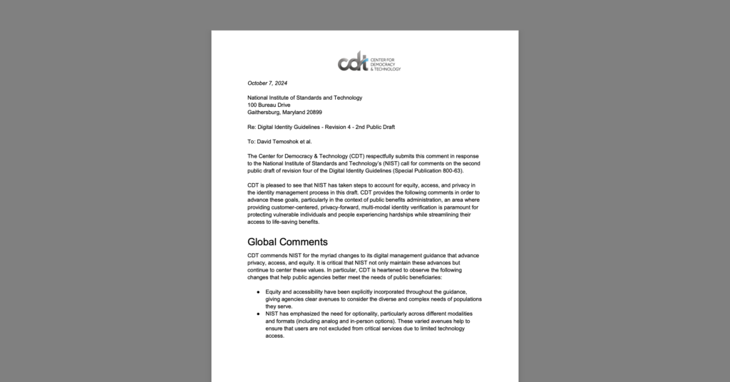 CDT Comments on NIST Digital Identity Guidelines Focus on Equity, Access, Privacy in Public Benefits Administration. White document on a grey background.