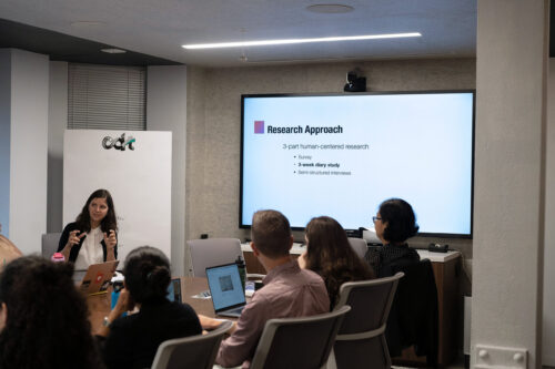 CDT's Michal Luria presenting Research at the Kid Safety event.